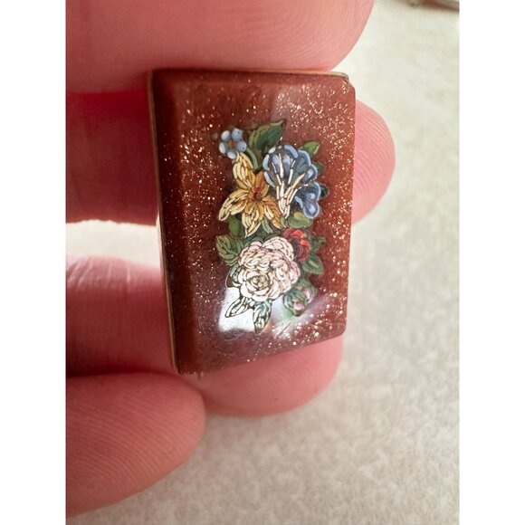 Antique Victorian Florentine floral pietra dura 18kt gold framed brooch pin - Picture 4 of 9